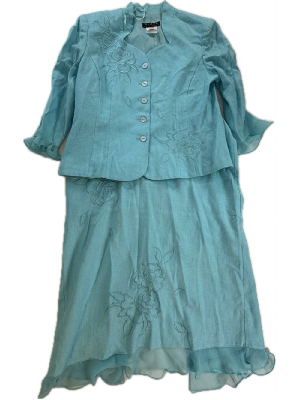 Plaza Collection Aqua Embroidered Skirt Suit Women’s Size 12 2 Piece Church Wedd